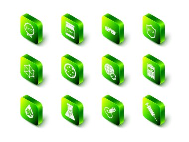 GDO, laboratuvar bardakları, biyolojik sağlıklı yiyecekler için kalkan, belge, şırınga, genetik olarak modifiye edilmiş et ve deney tüpü ve şişe ikonu. Vektör