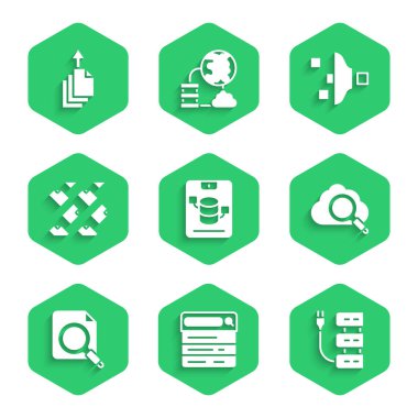 Sunucu, Data, Web Sunucu, Arama motoru, bulut hesaplama, dizin, akış, filtre ayarı ve dışa aktarma simgesini ayarla. Vektör