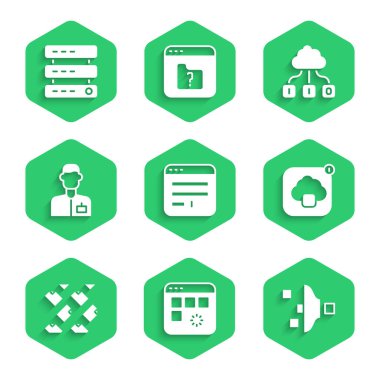 Tarayıcı penceresi, Yükleme verisi, Filtre ayarı, Bulut teknoloji transferi, Veri akışı, Analiz mühendisi ve Sunucu, Data, Web Sunucu simgesi ayarla. Vektör