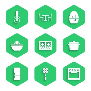 Gaz sobası, Spatula, fırın, yemek tenceresi, buzdolabı, meyve sıkacağı, mutfak saati ve pizza bıçağı ikonu. Vektör