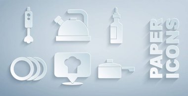 Şef şapkasını konuma göre ayarla, bir şişe zeytinyağı, tabak, tava, kettle kulpu ve blender simgesi. Vektör