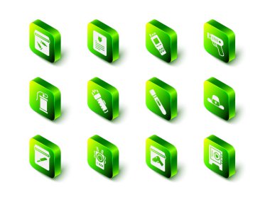 Tutuklama emri, telsiz, elektrik şoku rozetli şerif şapkası, kasa, el feneri, silah ve vücut kamerası ikonu. Vektör