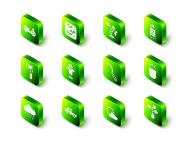 Bitki, çilek, gübre, Kova, Orak, Güneş, Bulut ve kamyonet ikonu için bahçe spreyi. Vektör