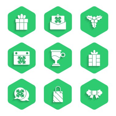 Sıcak şarap, Noel alışverişi çantası, papyon, hediye paketi, kar tanesi konuşma balonu, takvim, viburnum ve ikon. Vektör