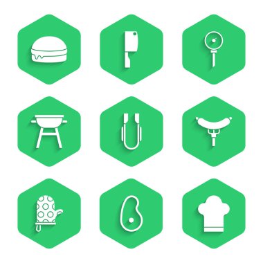 Et maşası, biftek, şef şapkası, sosis çatal, fırın eldiveni, ızgara ızgara, mutfak termometresi ve hamburger ikonu. Vektör