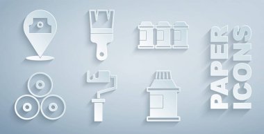 Boya fırçası, sprey boya kutusu, boya, gouache, kavanoz, boya ve ikonu ayarla. Vektör