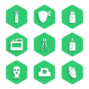 Bolt kesici, sprey başlık, lastik eldiven, boya, gouache, kavanoz, boya, kar maskesi ve keçeli kalem simgesini ayarlayın. Vektör