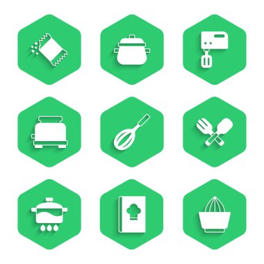 Mutfak çırpıcısını, yemek kitabını, meyve sıkacağını, çapraz çatal ve kaşığı, tencereyi, tost makinesini, elektrikli karıştırıcıyı ve biber ikonunu hazırla. Vektör