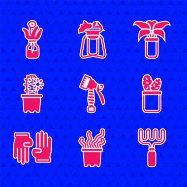 Su püskürtme şişesi, otta egzotik tropikal bitki, tırmık, kaktüs peyoti, lastik eldiven ve çiçek cam ikonu. Vektör