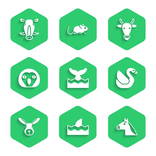 Set Whale tail in ocean wave, Shark fin, Horse head, Swan bird, Rabbit, Owl, Cow and Wild boar icon. Vector — Stock Vector