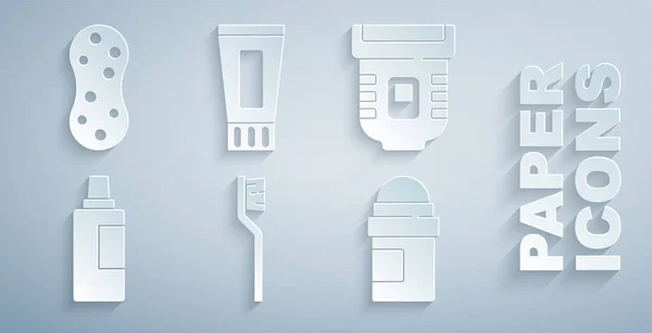 Набор зубная щетка, эпилятор, бутылка для чистящего средства, антиперспирант дезодорант рулон, тюбик зубной пасты и значок губки. Вектор — стоковый вектор