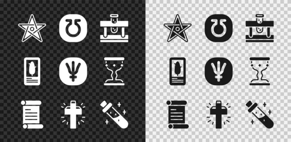 Set Pentagram, Life, Bottle with potion, Decree, parchment, scroll, Christian cross, Tarot cards and Neptune planet icon. Vector — Stock Vector