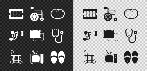 Set False jaw, Wheelchair, Eyeglasses, Rocking, Retro tv, Slippers, Blood pressure and Pillow icon. Vector — Stock Vector