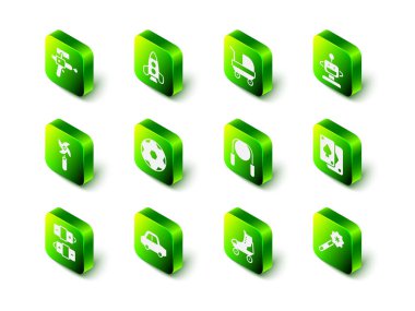 Roket oyuncağı, bebek arabası, robot, iskambil kağıdı, sihirli değnek, atlama ipi, paten ve oyuncak ikonu ayarla. Vektör