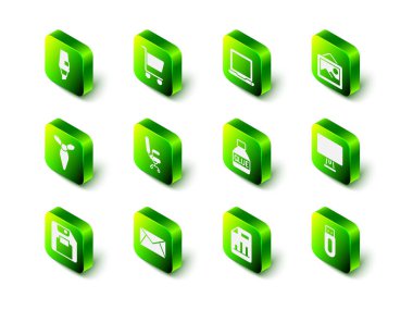 Alışveriş arabası, dizüstü bilgisayar, resim manzarası, bilgisayar monitörü, USB flash disk, yapıştırıcı, grafik grafikli belge ve e-posta simgesi. Vektör