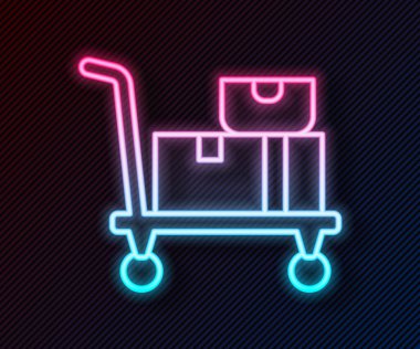 Parlayan neon çizgili el arabası ve siyah arka planda izole edilmiş kutular. Dolly sembolü. Vektör