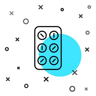 Siyah çizgili haplar beyaz arka planda izole edilmiş. İlaç paketi. Tablet, vitamin, antibiyotik, aspirin. Rastgele dinamik şekiller. Vektör