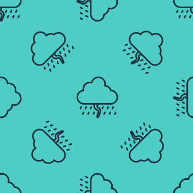 Yağmurlu ve şimşek simgeli kara çizgi bulutu yeşil arka planda izole edilmiş pürüzsüz desen. Yağmur damlalı yağmur bulutu yağışı. Fırtına ikonu. Vektör