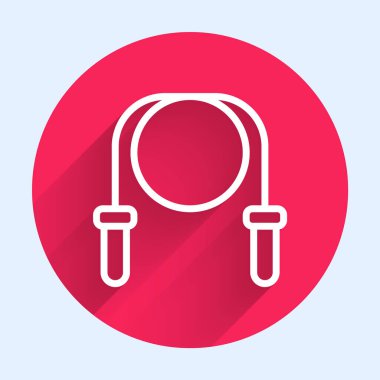 Beyaz çizgi atlama ipi simgesi uzun gölge arkaplanı ile izole edildi. İp atlıyorum. Spor malzemeleri. Kırmızı daire düğmesi. Vektör