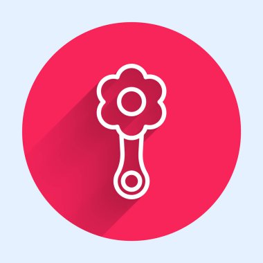 Beyaz çizgi Çıngıraklı Bebek oyuncağı ikonu uzun gölge arkaplan izole. Fasulye torbası işareti. Kırmızı daire düğmesi. Vektör