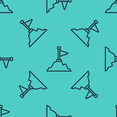 Üzerinde bayrak olan siyah çizgi dağları yeşil arka planda izole edilmiş pürüzsüz desen. Zaferin ya da başarının sembolü. Gol başarısı. Vektör