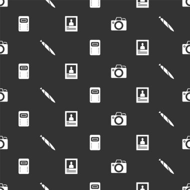 Fotoğraf makinesi, marihuana dükkanı, polis saldırı kalkanı ve kusursuz desenli aranıyor posteri. Vektör