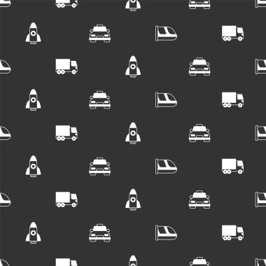 Tren ve demiryolunu, kargo kamyonunu, roket gemisini ve taksiyi kusursuz şekilde ayarlayın. Vektör