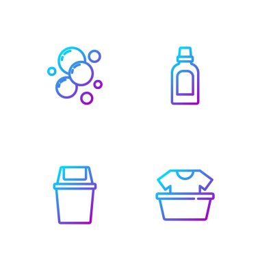 Gömlek, çöp tenekesi, sabun köpüğü ve temizlik malzemesi için şişe koyun. Renk simgeleri. Vektör