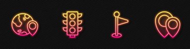 Çizgi konum belirleyicisi, dünya, trafik ışığı ve... Parlayan neon ikonu. Vektör