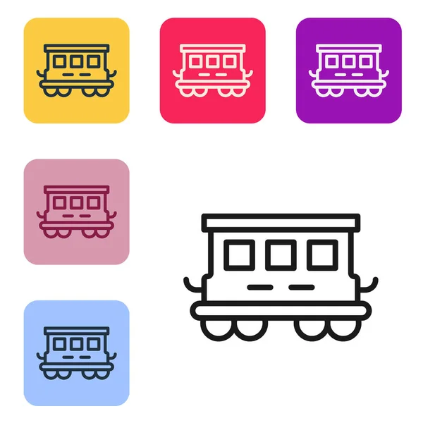 Czarna linia Pociąg pasażerski samochody zabawki ikona izolowane na białym tle. Powóz kolejowy. Zestaw ikon w kolorach kwadratowych przycisków. Wektor — Wektor stockowy