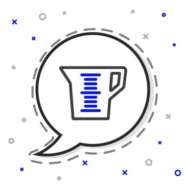 Beyaz zemin üzerinde izole edilmiş kuru ve sıvı yiyecek ikonunu ölçmek için çizgi ölçme kabı. Plastik şişenin sapı var. Renkli taslak konsepti. Vektör.