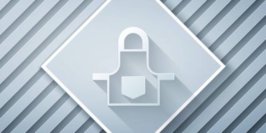 Kağıt kesiği mutfak önlüğü simgesi gri arkaplanda izole edildi. Yemek pişirmek için şef üniforması. Kağıt sanatı tarzı. Vektör.