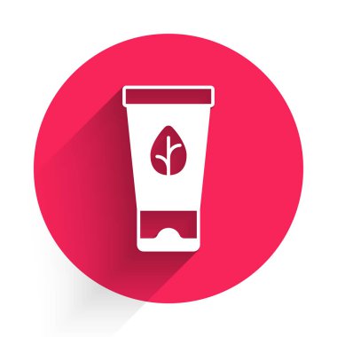 Beyaz organik kozmetik ikonu beyaz arkaplanı izole etti. Vücut bakım ürünleri. Kırmızı daire düğmesi. Vektör.