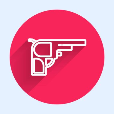 Uzun gölgeli beyaz çizgi Revolver silah ikonu. Kırmızı daire düğmesi. Vektör.