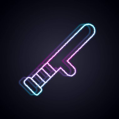 Parlayan neon hattı Polis kauçuk çubuk ikonu siyah arka planda izole edildi. Kauçuk copu. Polis yarasası. Polis ekipmanları. Vektör.