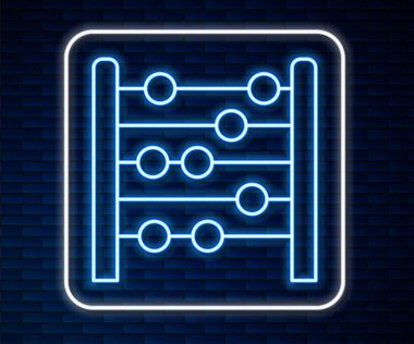 Parlayan neon hattı Abaküs simgesi tuğla duvar arkasında izole edildi. Geleneksel sayım çerçevesi. Eğitim işareti. Matematik okulu. Vektör
