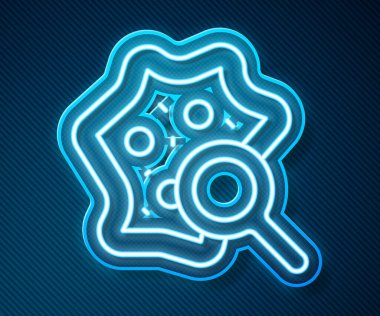 Büyüteç simgesi altında parlayan neon hattı mikroorganizmaları mavi arkaplanda izole edildi. Bakteri ve mikroplar, hücre kanseri, mikrop, virüs, mantar. Vektör