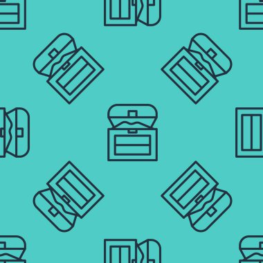 Siyah çizgi antika hazine sandığı ikonu yeşil arka planda pürüzsüz desen izole etti. Altın sikkeli klasik tahta sandık. Vektör