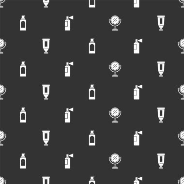 Yuvarlak makyaj aynasını, krem losyon kozmetik tüpünü saç spreyi için sprey kutusunu ve parfümü pürüzsüz desene ayarlayın. Vektör