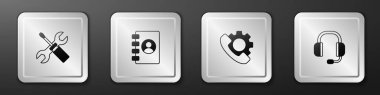 Tornavida, anahtar anahtarı, adres defteri, telefon desteği ve kulaklık ikonu. Gümüş kare düğme. Vektör
