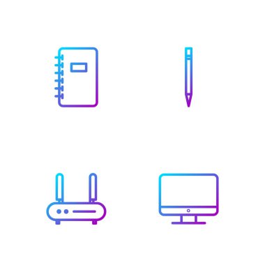 Hat monitör ekranını, Router ve wi-fi sinyalini, silgiyle Spiral defter ve kalem ayarlayın. Renk simgeleri. Vektör.