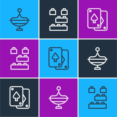 Hat girdabı oyuncağı, iskambil kağıtları ve oyuncak yapı taşı ikonu. Vektör