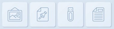 Satır Resim peyzajını, USB flash diski, düğmeli not kağıdı ve Dosya belgesini ayarla. Beyaz kare düğme. Vektör