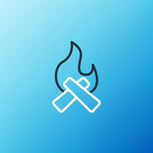 Line Campfire icoon geïsoleerd op blauwe achtergrond. Brandend kampvuur met hout. Kleurrijk concept. Vector — Stockvector