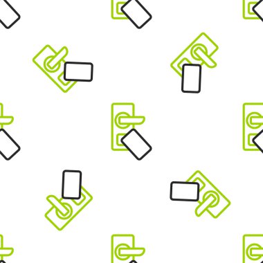 Beyaz arka planda izole edilmiş ikonu açmak için kablosuz teknolojiye sahip hat dijital kapı kilidi. Kapı kolu tabelası. Güvenlik akıllı ev. Vektör