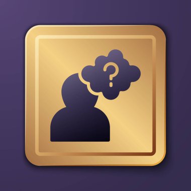 Mor arka planda soru işareti simgesi olan mor insan kafası. Altın kare düğme. Vektör