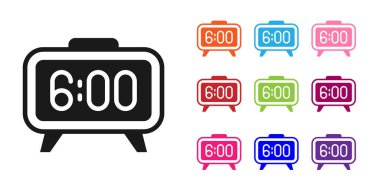 Beyaz zemin üzerinde siyah dijital alarm saat simgesi izole. Elektronik çalar saat. Zaman simgesi. Simgeleri renklendirin. Vektör