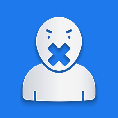 Kağıt kesiği sansür ve konuşma özgürlüğü konsepti ikonu mavi arka planda izole edildi. Medya mahkumu ve insan hakları kavramı. Bağlı ağız. Kağıt sanatı tarzı. Vektör