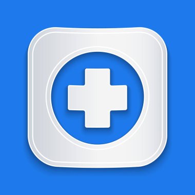 Kağıt kesiği hastane tabela simgesi mavi arka planda izole edildi. Kağıt sanatı tarzı. Vektör