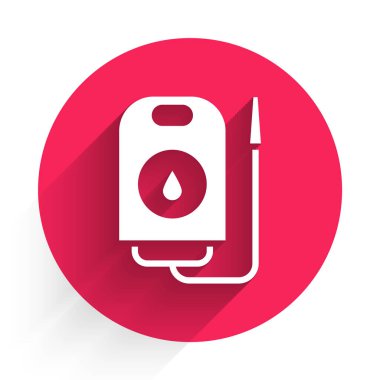 Beyaz Kan bağışı ikonu uzun gölgeli izole edilmiş. Kırmızı daire düğmesi. Vektör